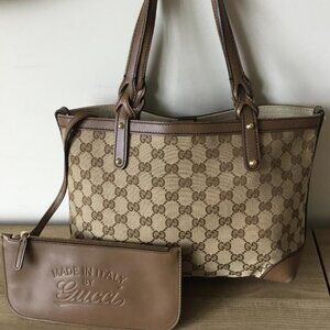 Gucci Beige Brown GG Canvas Tote with Leather Trim